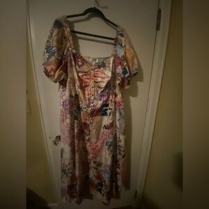 Unique Vintage Floral and Bird Print Maxi Dress NWOT 3X 20 Off Shoulder